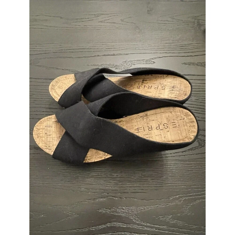 Espirit Women's Oceane Black Cork Wedge Heels‎ Open Toe Slip On Size 7.5